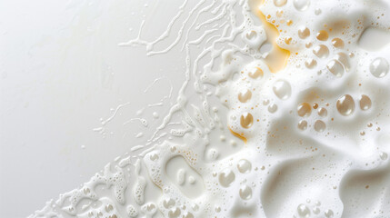 Wall Mural - On a white background you can see thick soap foam that spreads gently. Its white, fluffy shapes create a delicate contrast with the clean background, making the whole thing look very fresh and clean.