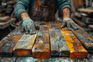 Poster - a carpenter making furniture from reclaimed wood. concept of sustainable woodworking. generative ai.