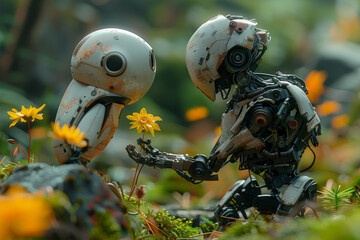 Poster - A mechanical robot shaking hands with a woodland elf. Concept of technology vs. nature. Generative Ai.