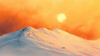 Wall Mural - Sunrise over snow covered hill with a vibrant orange hue