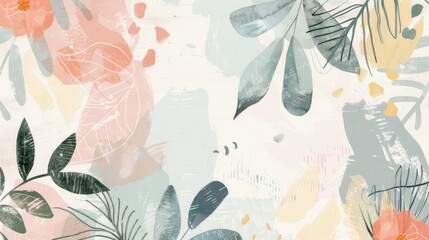 Wall Mural - Floral design with soft pastel color style featuring abstract natural shapes leaves and floral patterns
