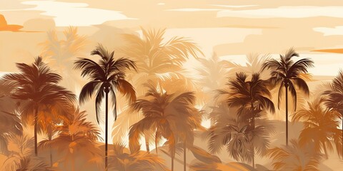 Wall Mural - Vintage retro watercolor dra paint palm trees decoration background. Nature outdoor vacation tropical vibe scene
