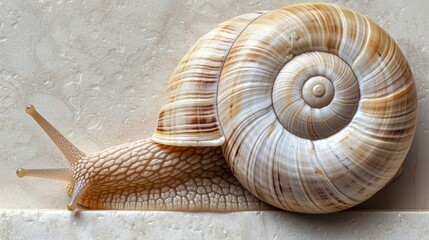  A close-up of a snail's shell against a white wall, with water drops at its base and summit