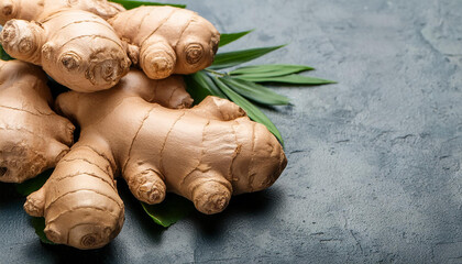 Wall Mural - Fresh ginger on dark stone kitchen table. Organic and healthy. Natural product. Top view