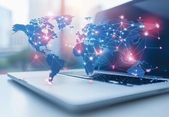 Aufkleber - Digital world map with connected nodes displayed on a laptop, representing global communication, technology, and internet connectivity, Generative AI