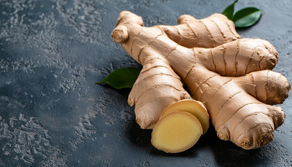 Wall Mural - Fresh ginger on dark stone kitchen table. Organic and healthy. Natural product. Top view