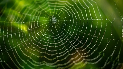  A tight shot of a spider web, adorned with dewdrops, against a softly blurred backdrop of verdant grass and trees
