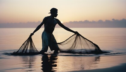 silhouette of  A traditional fisherman casting a net into the ocean at dawn
