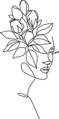 Wall Mural - Woman Head with Flowers Creative Line Art Drawing. Minimal Linear Art of Woman Face with Flowers. Beauty Line Drawing of Abstract Woman Head for Trendy Minimal or Boho Design. Vector Illustration
