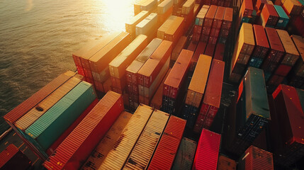 Poster - A large number of containers are stacked on top of each other, with some of them being blue and others being red. The scene is set against a backdrop of water, giving the impression of a busy port