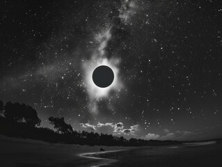 Sticker - A black and white photo of a large sun with a dark circle in the middle