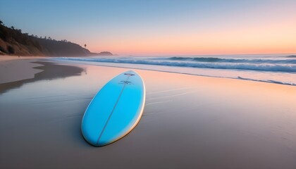 Wall Mural - A serene beach at sunset, with a lone surfboard planted in the sand. 