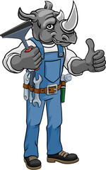 Poster - A rhino cartoon mascot car or window cleaner holding a squeegee tool and giving a thumbs up