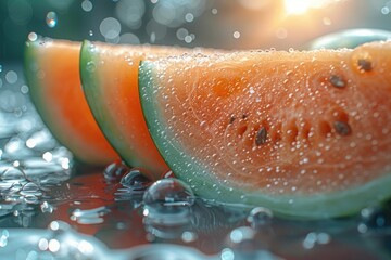 Wall Mural - Sliced fresh watermelon with bubbles on water professional photography