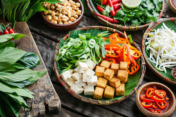 Colorful Spread of Vegetarian Thai Dishes on Traditional Pottery  