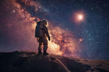 astronaut standing on the moon looking to the earth under galaxy start space.