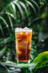 Wall Mural - Refreshing Thai Iced Tea with Tropical Leaves - Minimalist Presentation  