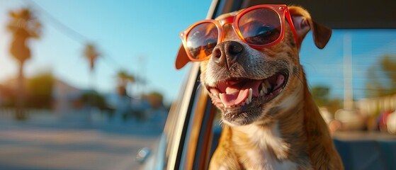 Side view of a happy dog wearing sunglasses, sitting in a car with the window down, photorealistic, vibrant colors, summer vacation vibes, detailed fur texture, clear blue sky background