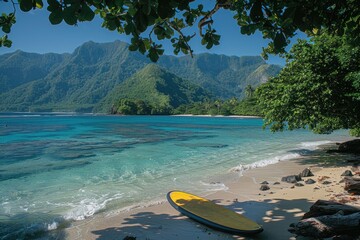 Wall Mural - Surfboard on tropical beach professional photography