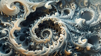 Mesmerizing abstract fractal art, self-replicating forms with recursive details, creating an infinite exploration of intricate patterns