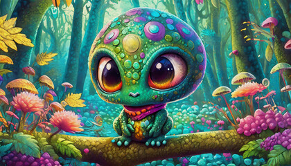 oil painting style cartoon character Sad green Alien, green, forest