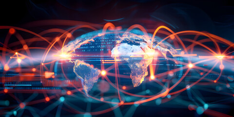 Wall Mural - Earth globe with world map, telecommunication and data transfer networks with global internet and artificial intelligence connectivity for communication technology