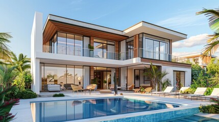Wall Mural - Big contemporary villa with pool, front view