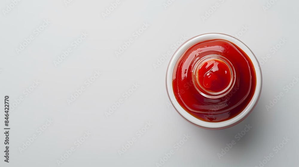 Ketchup bottle with a dollop of sauce spread in a circle from top view ...