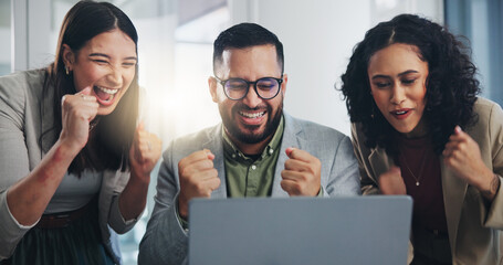 Aufkleber - Group, people and celebration for ideas, solution or decision for business, workplace or company. Teamwork, winner and technology for coworking, collaboration and goal in online meeting for project