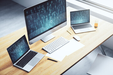 Aufkleber - Creative concept of binary code illustration on modern laptop screen. Big data and coding concept. 3D Rendering