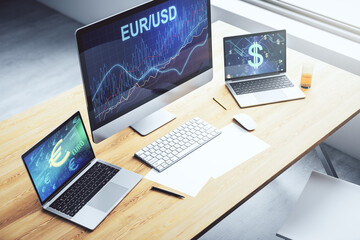 Poster - Creative EURO USD forex graph sketch on modern laptop monitor, strategy and forecast concept. 3D Rendering
