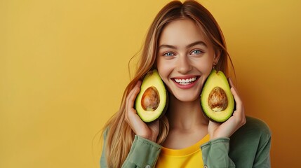 Happy young woman holding avocado halves on a solid background