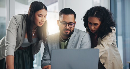 Poster - Group, people and together for ideas, solution or decision for business, workplace or company. Teamwork, winner and technology for coworking, collaboration and coworking in online meeting for project