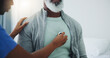 © peopleimages.com - Senior, man and nurse with stethoscope on heart for heartbeat assessment, cardiovascular health or asthma. Elderly patient, doctor and cardiology in hospital for lung disease, chest infection or help