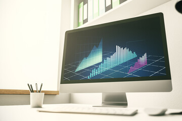 Poster - Modern computer monitor with abstract creative financial chart, research and strategy concept. 3D Rendering