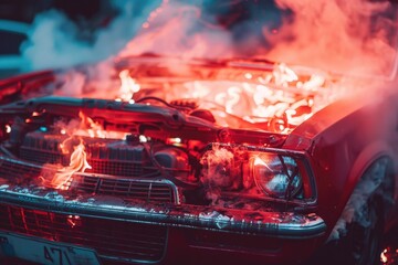 Poster - A red car is on fire with smoke coming out of the hood