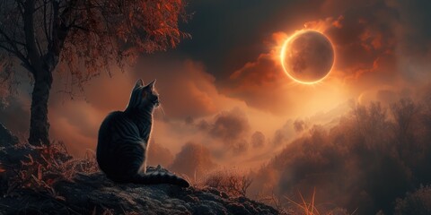 Wall Mural - a cat is sitting on a hillside looking at the sun