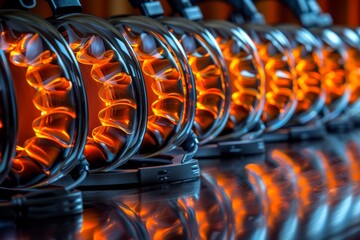 Poster - Row of futuristic headphones with orange glowing details on a reflective surface, creating a visually captivating and high tech arrangement 