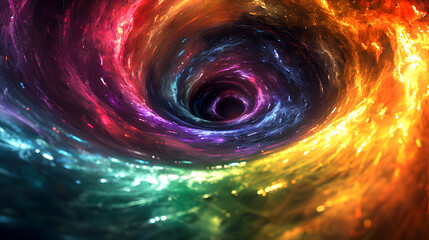Beams of rainbow gradient light bend into an event horizon.