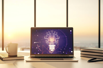 Aufkleber - Creative idea concept with light bulb and microcircuit illustration on modern laptop screen. Neural networks and machine learning concept. 3D Rendering