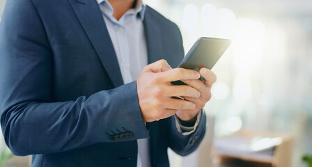 Poster - Hands, phone and businessman in office typing online email for communication, connectivity or networking. Technology, contact and male lawyer on cellphone with research for legal case in workplace.