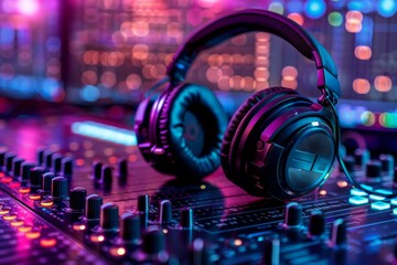 Sticker - Professional headphones with purple and blue lighting on a DJ console, highlighting high tech audio equipment and nightlife ambiance 