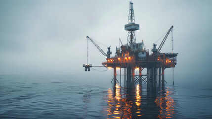 Wall Mural - An offshore oil and gas production platform stands illuminated in the misty sea, a symbol of energy extraction from the depths