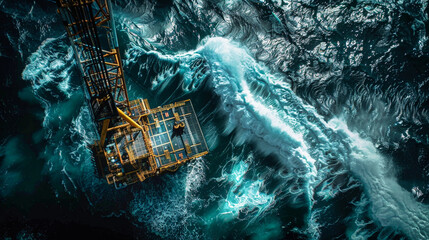 An aerial view of an oil and gas production station in the ocean, amidst choppy waters and a powerful wave