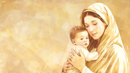 Wall Mural - A soft, golden-hued painting depicting the Virgin Mary holding the infant Jesus, radiating warmth and love