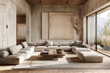 Wall Mural - A modern living room with beige walls, wooden furniture and a large blank wall mockup.