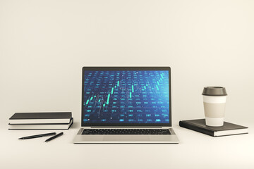 Poster - Stats data illustration on modern laptop monitor, computing and analytics concept. 3D Rendering