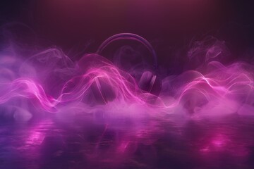 Canvas Print - Futuristic headphones with pink digital smoke on a dark background, representing modern technology and artistic design 