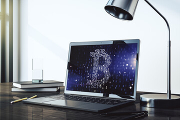 Poster - Creative Bitcoin concept on modern laptop screen. 3D Rendering