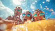 © 18042011 - A group of friends wearing colorful sunglasses splash water in the pool on a sunny day, capturing the joy and excitement of summer fun and playfulness.